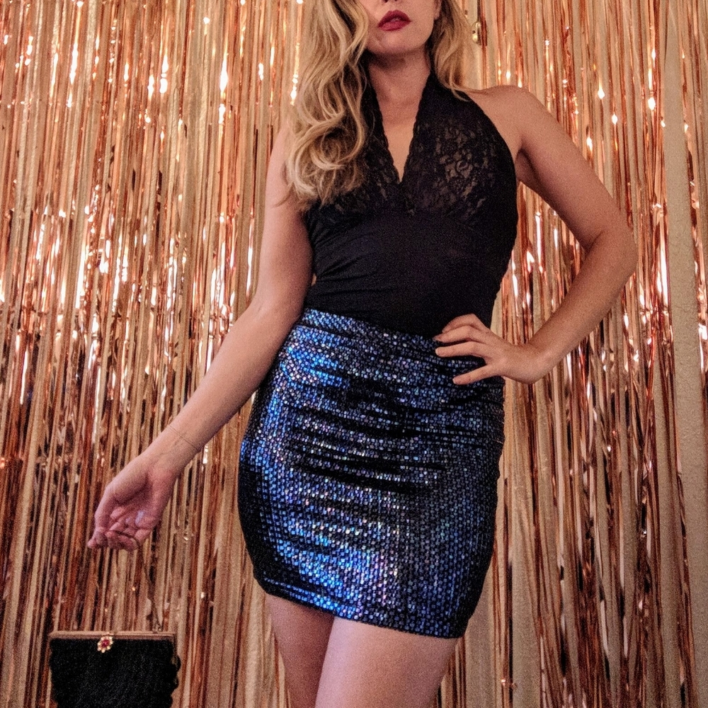 90s VTG Blue sequins tube skirt - Picture 2 of 6